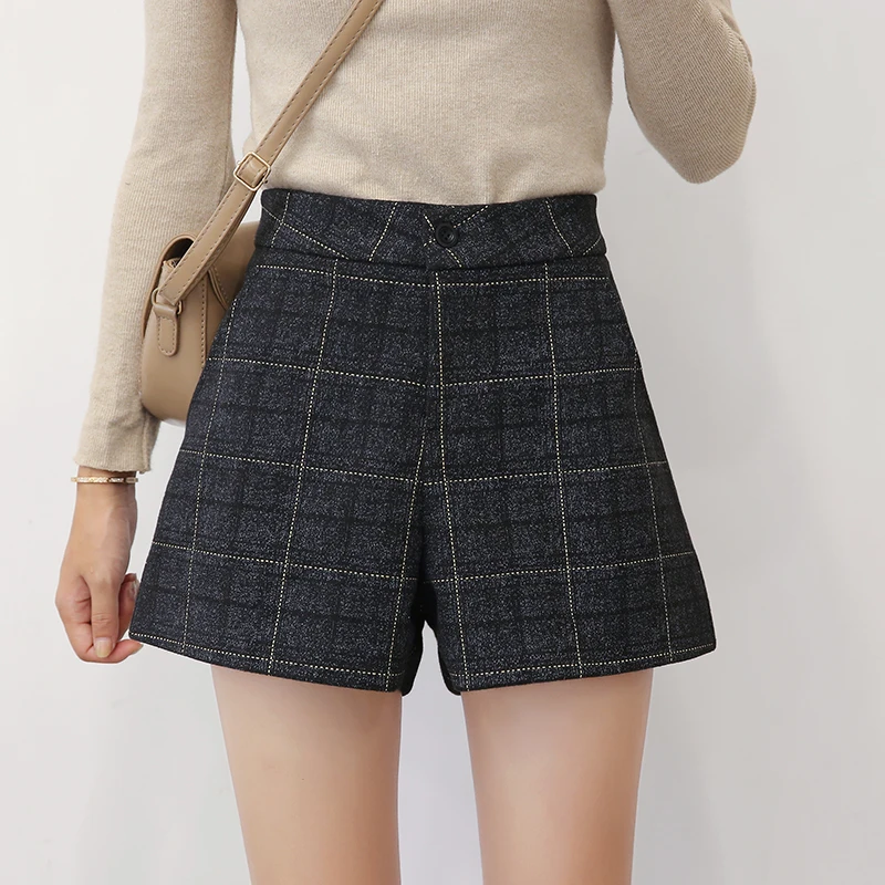

Zoulv 2020 New Wool Shorts French High Waist Spring and Autumn Thick Woolen Plaid Wide Leg Boots Pants