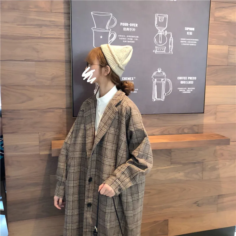 Loose-Fit Versatile Retro Plaid plus Thick Cotton Long Woolen Jacket Women's Spring And Autumn