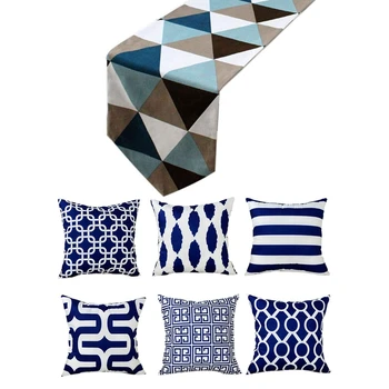

7 Pcs Home Decorations: 1 Pcs Geometric Triangle-Pattern Table Runner & 6 Pcs Cushion Cover Square Throw Pillow Cases