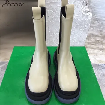 

Prowow New Genuine Leather New Style Small Mid-Tube Martin Platform Boots Female Knight Boots Women Zapatos Mujer