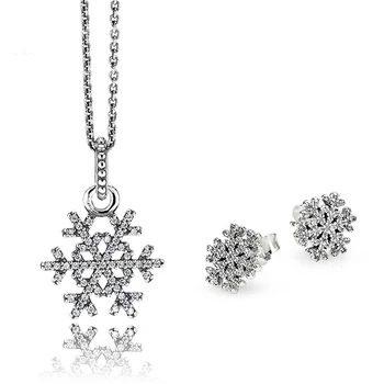 

NEW 100% 925 Sterling Silver 1:1 Genuine Shiny Snowflake Earrings Pendant Necklace Charm Jewelry Set Original Women Jewelry
