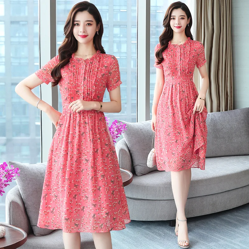 

Chiffon Floral Dress 2019 New Style Summer Mid-length High-End Elegant Slimming Summer Short Sleeve Dress Children