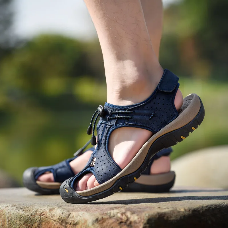 

Summer MEN'S Sandals Plus-sized 47 Outdoor Beach Genuine Leather Closed-toe Leisure Slippers Men's 2019 Cool Versatile