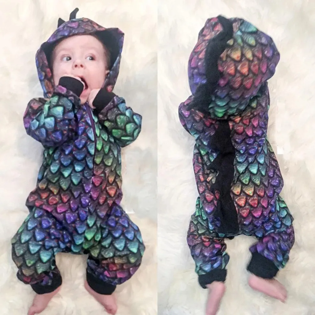 

Newborn Baby Hooded Romper Baby Boys Girls Soft Warm Winter Long Sleeve Cartoon Dinosaur Gradient Color Hooded Romper Outfits