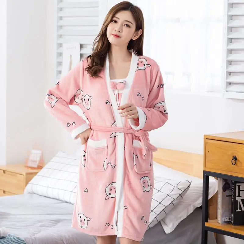 Комплект из 2 предметов, халат, ночное белье для женщин, коралловый флис, зимнее теплое толстое кимоно, халат, халат, женская мягкая Пижама с бантом, фланелевый Комплект для сна - Цвет: Style E