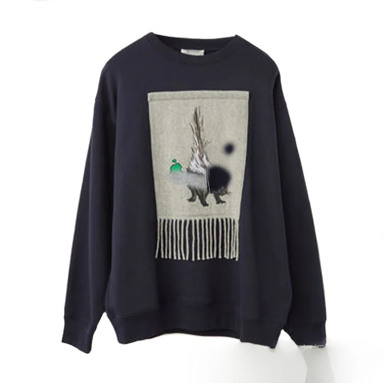Sapphire Women Hoodie Autumn and Winter New Men and Women Stickers Tassel Animal Embroidery Cotton Loose Round Neck Sweatshirt - Цвет: Sapphire