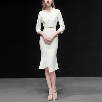 

White Elegant Ladies Work Office Dress 2019 Autumn Fashion 3/4 Sleeve Irregular Ruffles Mermaid Party Dress vestidos