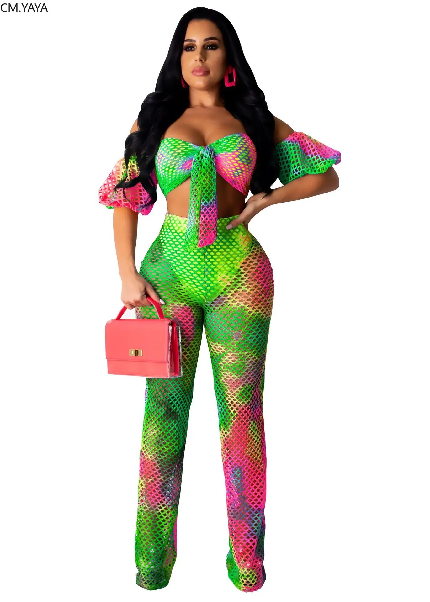 

2019 Women off shoulder gauze grid tie dye print top straight pants suit two piece set fashion tracksuit outfit 6color GLSMR9345