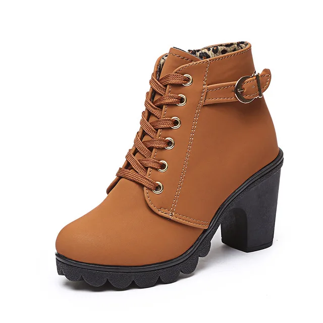 New Winter Women Platform High Heels Ankle Boots Women Boots Buckle Shoes Thick Heel Short Martin snow Boots Ladies mujer T090 - Цвет: Brown