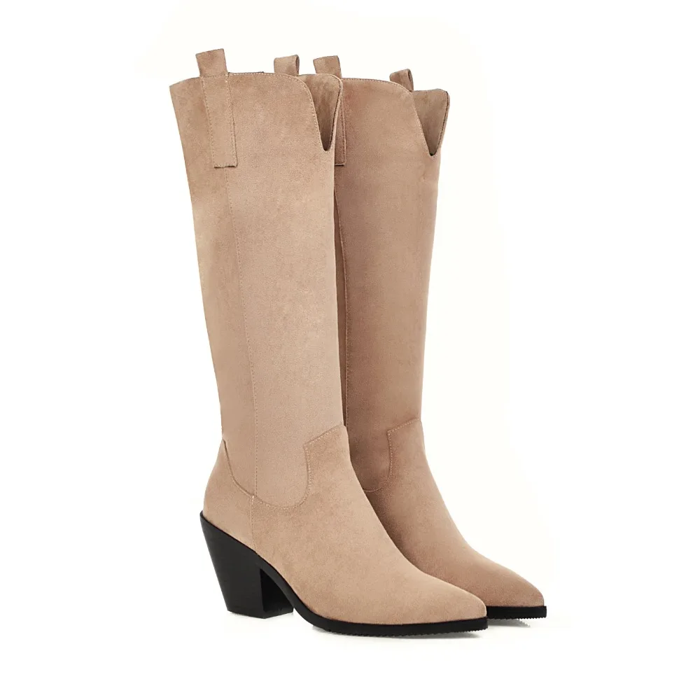 Brand Designer Faux Leather Women Knee High Boots western cowboy Wedge Pointed toe Boots Woman Long Chunky High Heel Botas Mujer