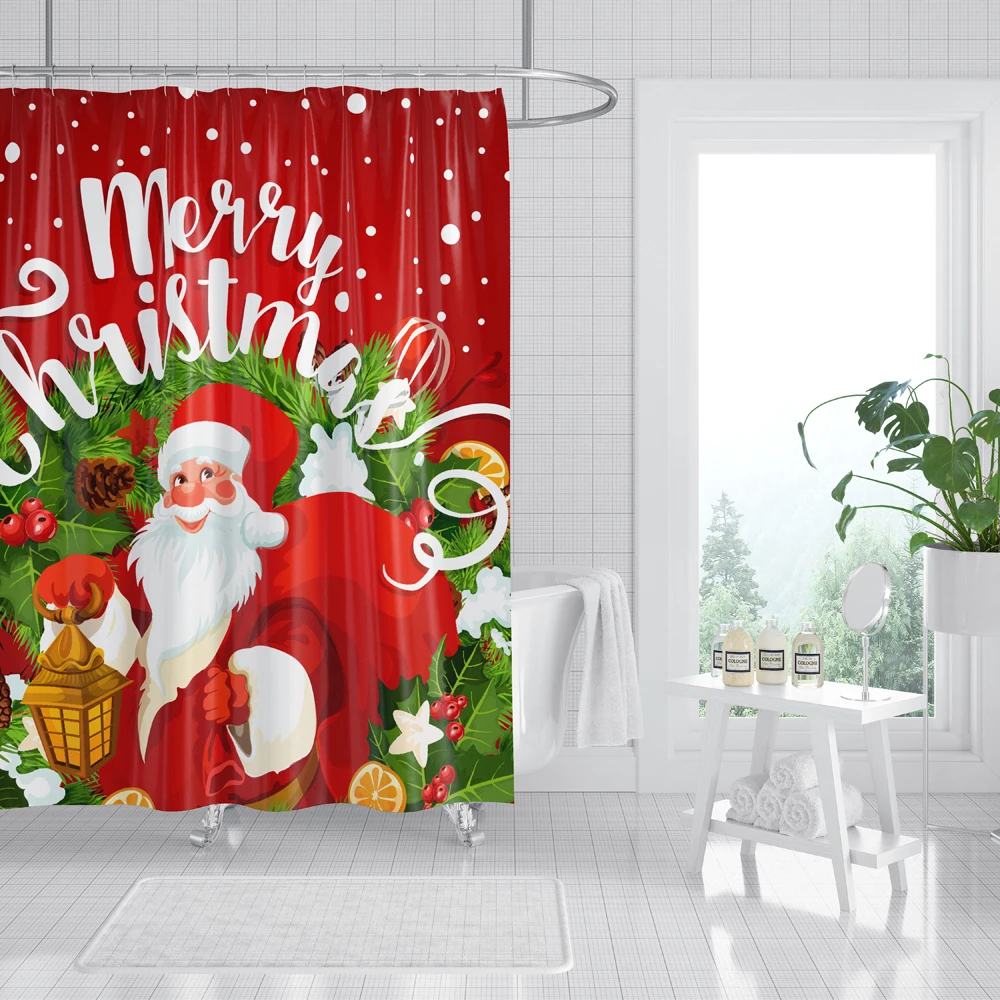 Christmas Santa Claus Waterproof Fabric Bathroom Shower Curtain 12 Hanging Hook