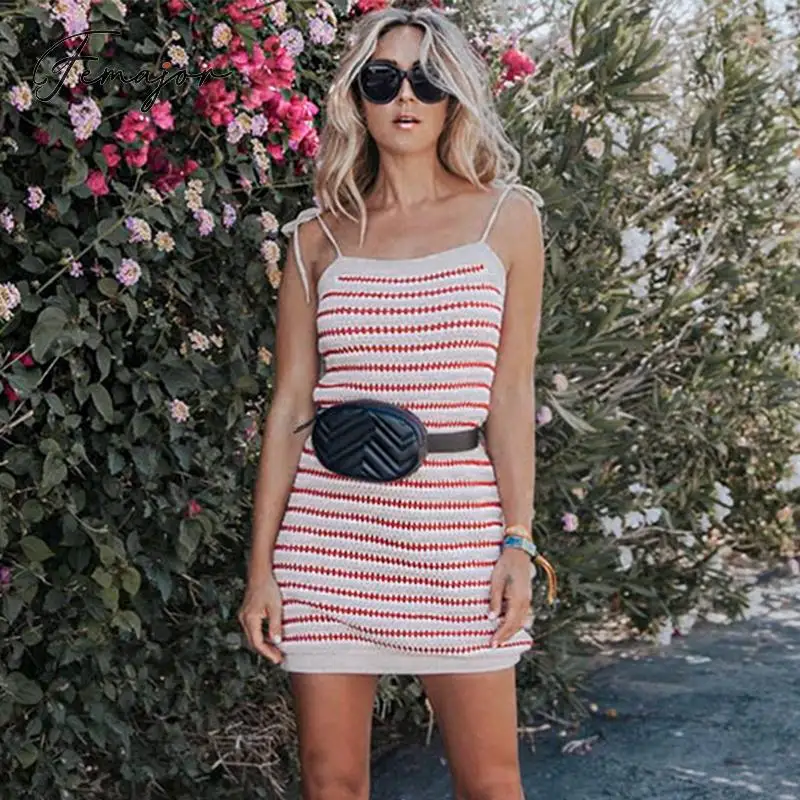 

Femajor Women Casual Red Stripe Knit Short Dress Female 2019 Autumn Winter Spaghetti Strap Slim Sweater Dress Mujer Vestidos