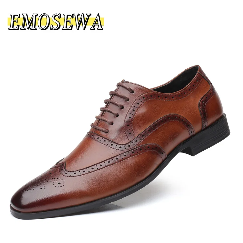 

EMOSEWA Triple Joint Handcrafted Men's Genuine Leather Formal Shoes Cap Toe Oxford Italian Carved Dress Shoes for Business Men