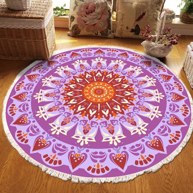 ​Home Decor Retro Bohemian Round Carpet Hand Woven Cotton Linen Carpet Rug Bedside Rug Geometric Floor Mat Living Room Carpet M
