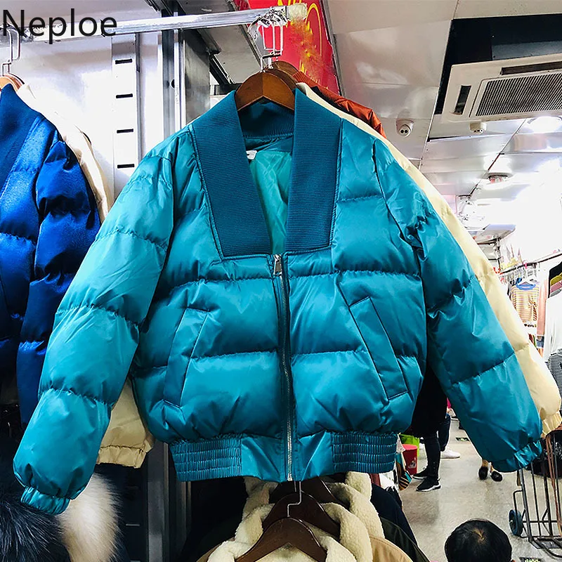 Neploe, зимние парки в Корейском стиле, блестящая куртка с длинным рукавом и v-образным вырезом, зимнее теплое пальто на молнии, новая модная однотонная Повседневная Верхняя одежда 56038