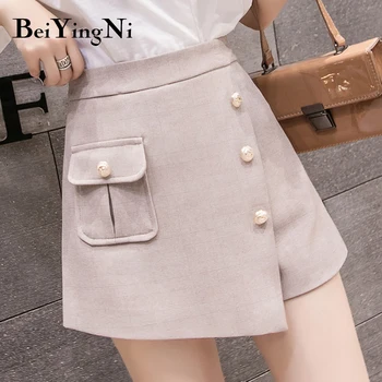 

Beiyingni Summer High Waist Skirt Shorts Ladies Pocket Buttons Asymmetric Wide Leg Short Pants Women Black Skirts Office Wear