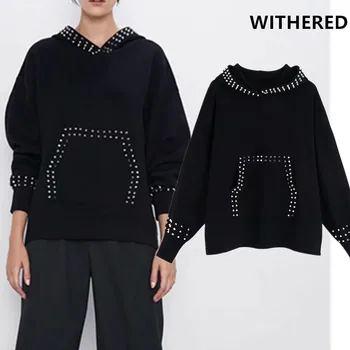 

Withered 2019 winter sweaters women england style vintage oversize loose rivet hooded pull femme sweaters women pullovers tops