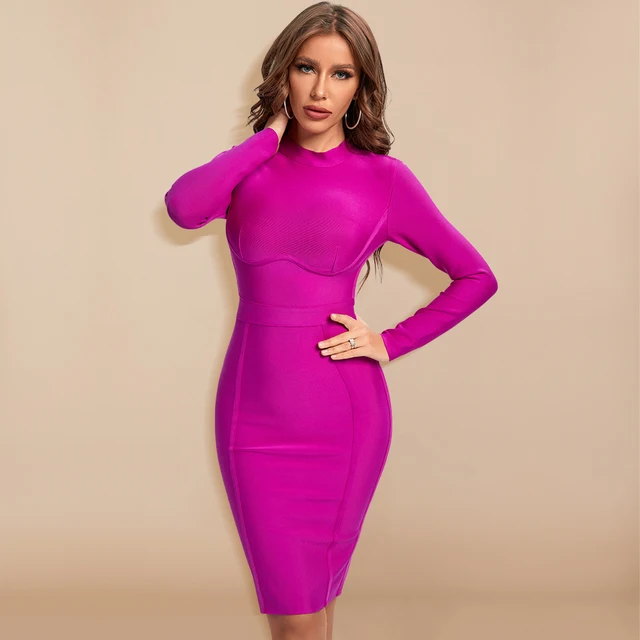 BEAUKEY Long Sleeve Knee Length Top Quality HL Bandage Dress Office Lady Bodycon Dress Color Black Wine Red Purple Plus Size XL 2
