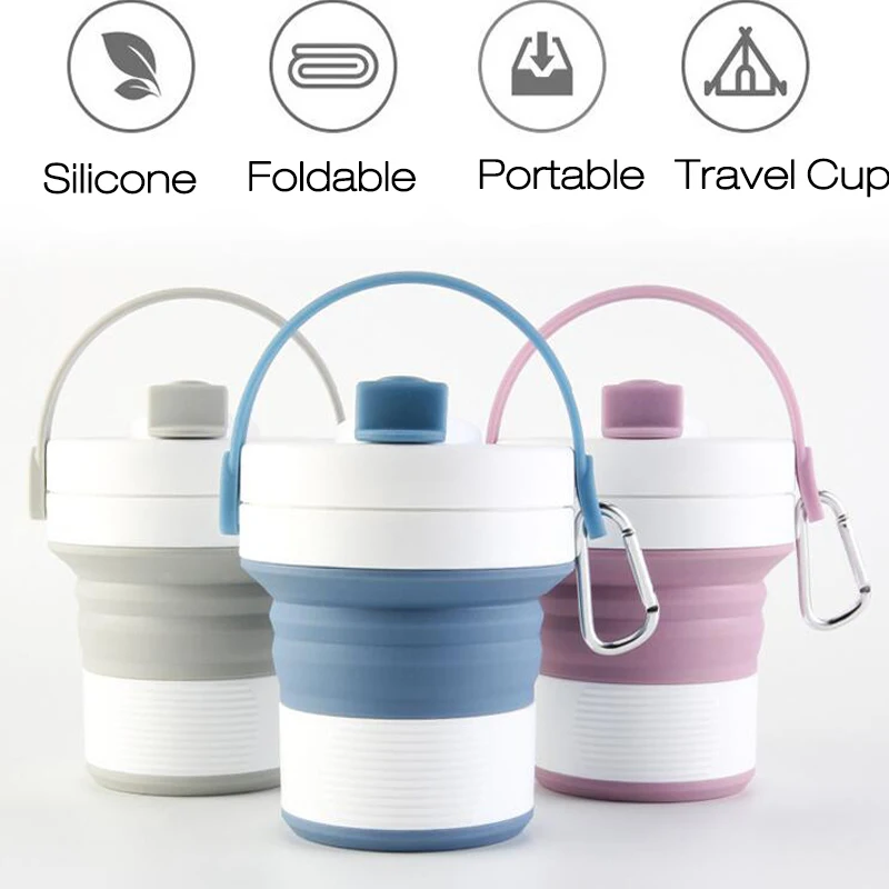 

450ml Folding Silicone Cup Water Bottle Telescopic Drinking Collapsible Coffee Cup Folding Silica Cup with Lids Travel Camp Cup