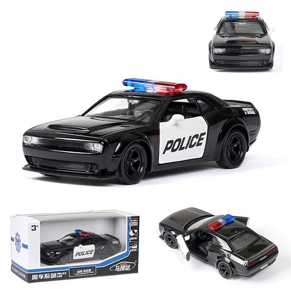 1/36 Diecast Alloy Police Car Models Challenger 2 Doors Opened With Pull Back Function Metal Sports Cars Model For Children Toys 13