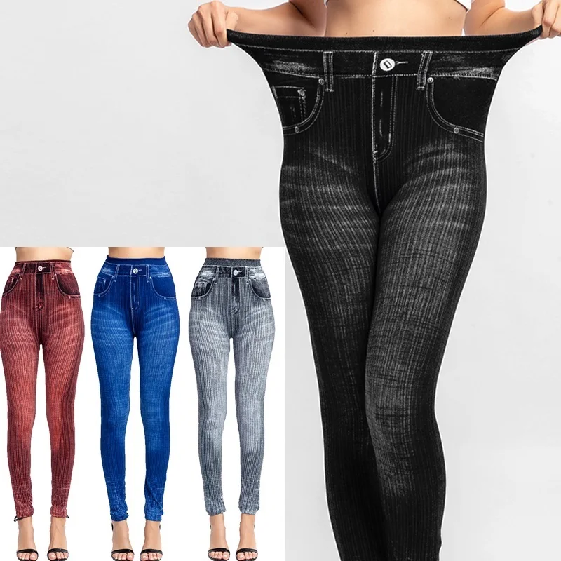 Leggins vaqueros falsos sexys para mujer, pantalones cortos con estampados elásticos, de talla grande, hasta la pantorrilla, Jeggings de cintura alta para verano
