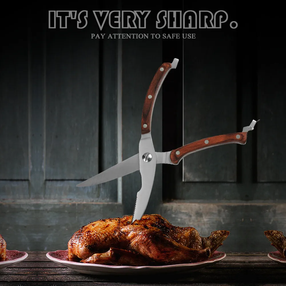不锈钢深红色木柄尾带锁手柄鸡骨剪_03