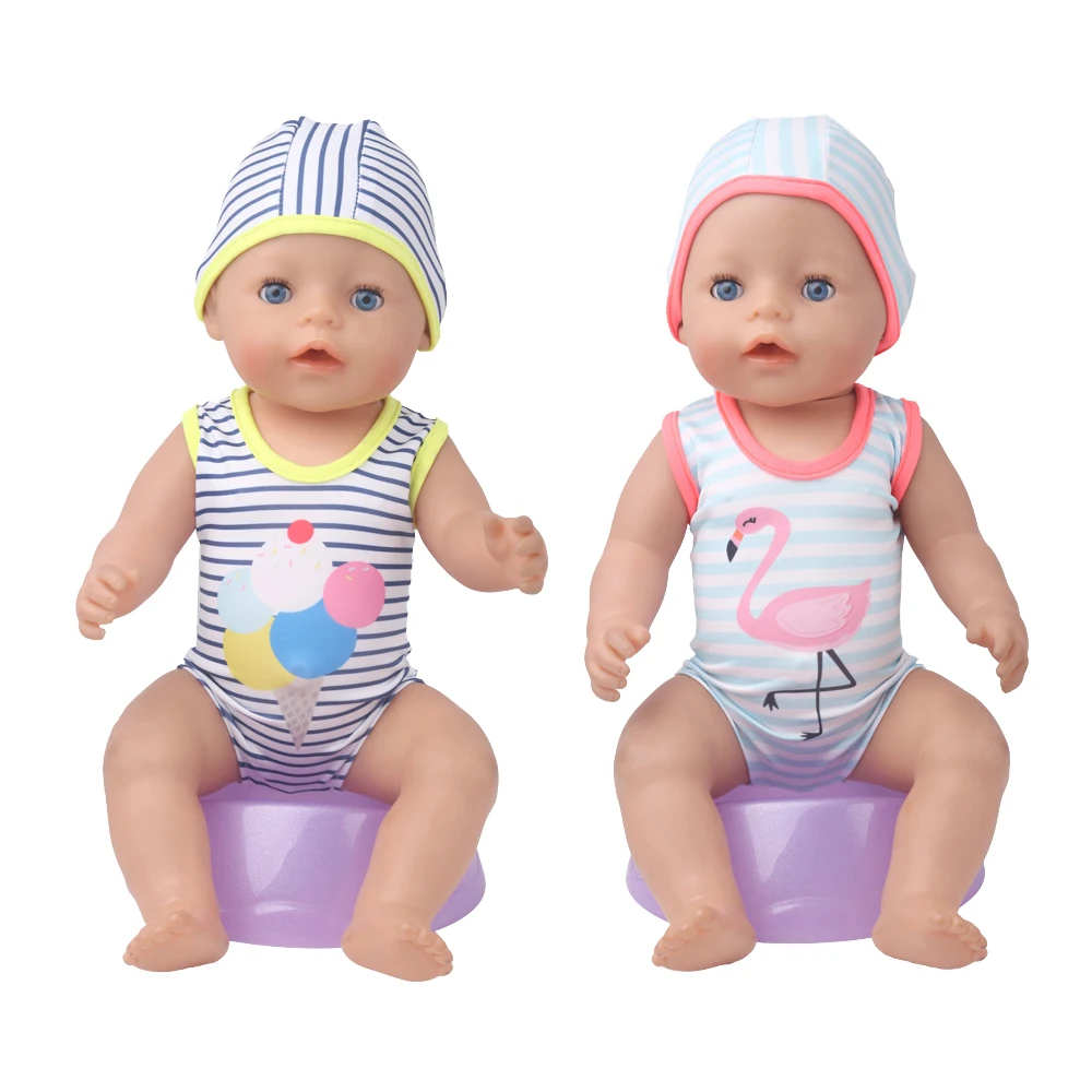 

43 cm baby dolls swimwear Print halter one-piece swimsuit+cap American newborn skirt Baby toys fit 18 inch Girls doll f894