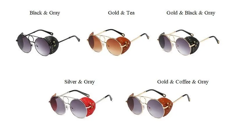 Круглые Солнцезащитные очки из искусственной кожи в оправе для женщин, роскошные брендовые солнцезащитные очки в стиле стимпанк из сплава, Мужские Винтажные Солнцезащитные очки с заклепками в стиле панк