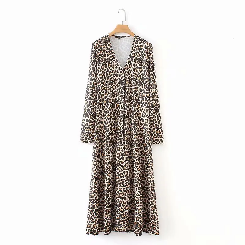 

Europe And America Autumn Leopord Pattern Pattern WOMEN'S Dress Animal Pattern Printed Long-sleeved Dress