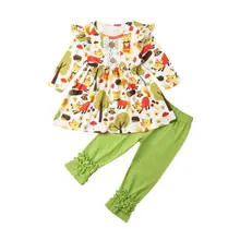 Комплект одежды для маленьких девочек от 1 до 6 лет, Осенние Топы с длинными рукавами и цветочным рисунком, туника, штаны с оборками, леггинсы детские костюмы