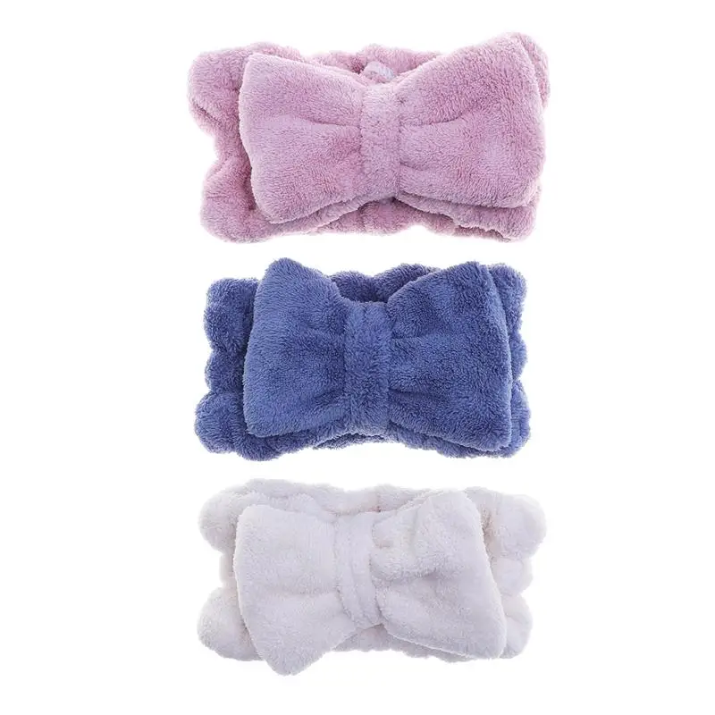 

3Pcs/Pack Useful Coral Bowtie Hair Band Soft Elastic Head Wrap Facial Care Tools For Women And Girls (Blue+Pink+White)