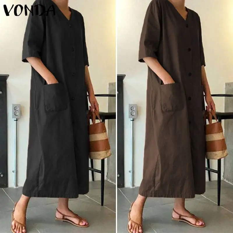 

VONDA Summer Dress Women Casual Loose Vintage Pockets V Neck Party Maxi Long Dress Plus Size Beach Sundress Casual Vestidos
