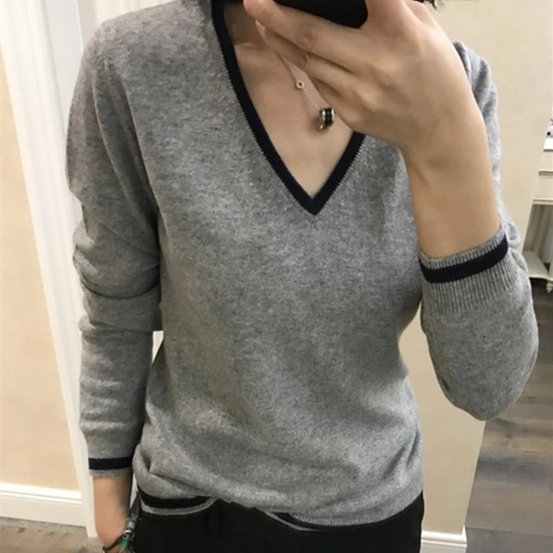 2021 autumn and winter cashmere sweater female V-neck pullover loose long-sleeved large size knit bottoming shirt | Женская одежда