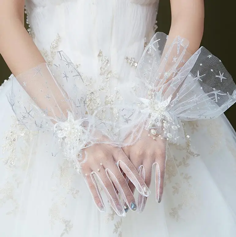 Women's elegant flower beaded perspective mesh short gloves female white color sexy lace glove R1724