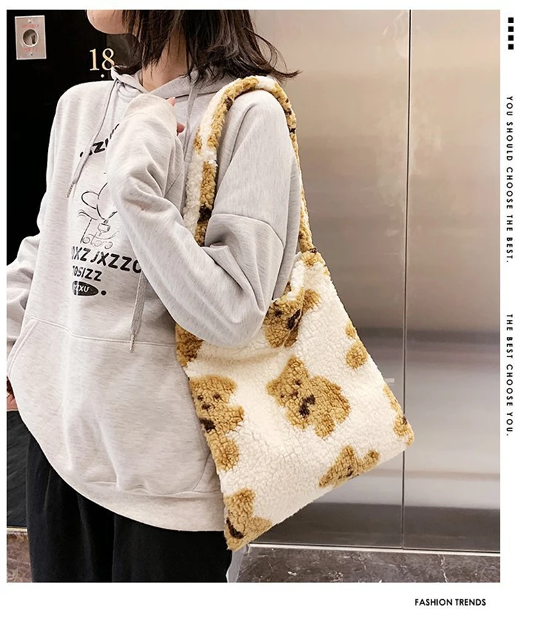 Women Lamb Like Fabric Shoulder Bag Autumn Winter Plush Cartoon Bear Handbags Large Capacity Shopping Bags Girls Cute School Bag