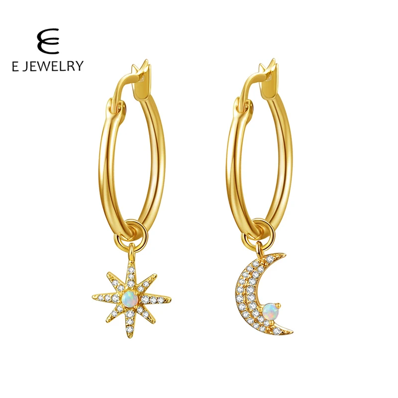 

E Jewelry Moon & Star Charms Huggie Hoop Earrings for Women Cubic Zirconia & Opal Small Dangle Hoops Fashion Jewelry
