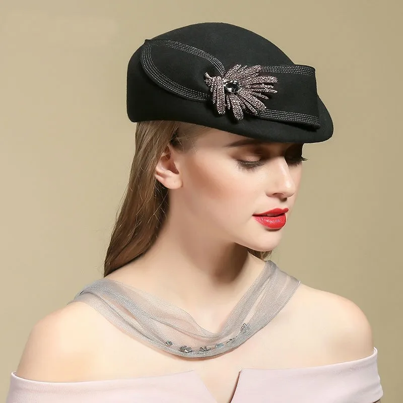  - Women Chic Fascinator Hat Cocktail Pillbox Cap Fashion Diamond Berets Lady Party 100% Wool Felt Fedora Hat Cloche Hat 54-58cm