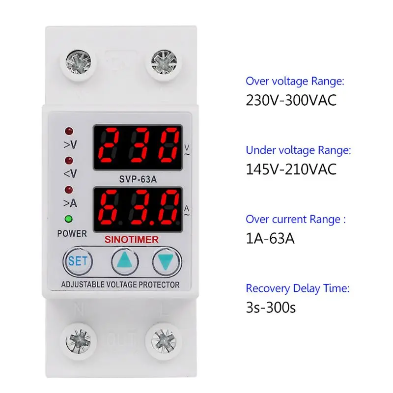 Din рейка Регулируемая 63A 230V над под напряжением защитное устройство
