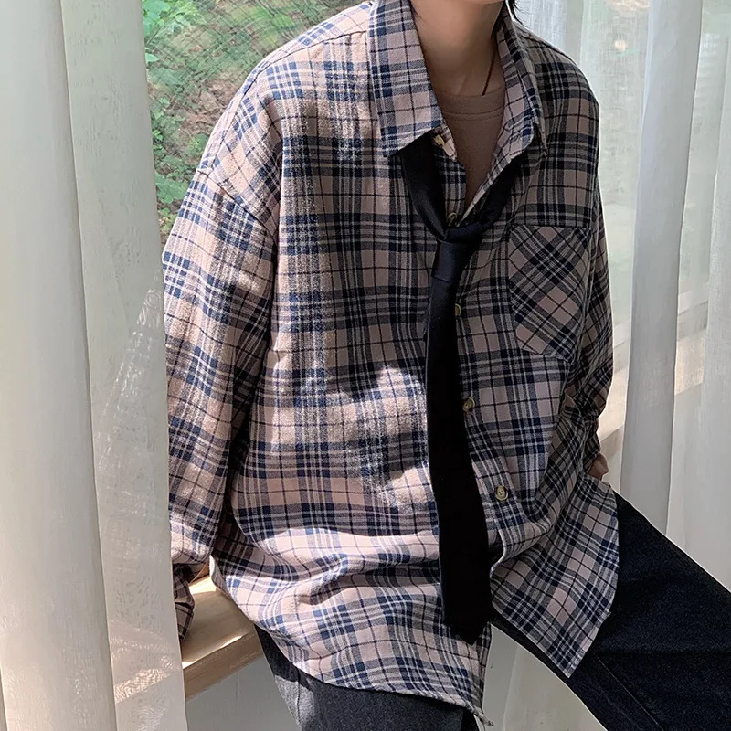 

Man Plaid Long Sleeve Shirts Male Casual Korean Style Japan Style Loose Big Size Open Stitch Shirt Hip Hop
