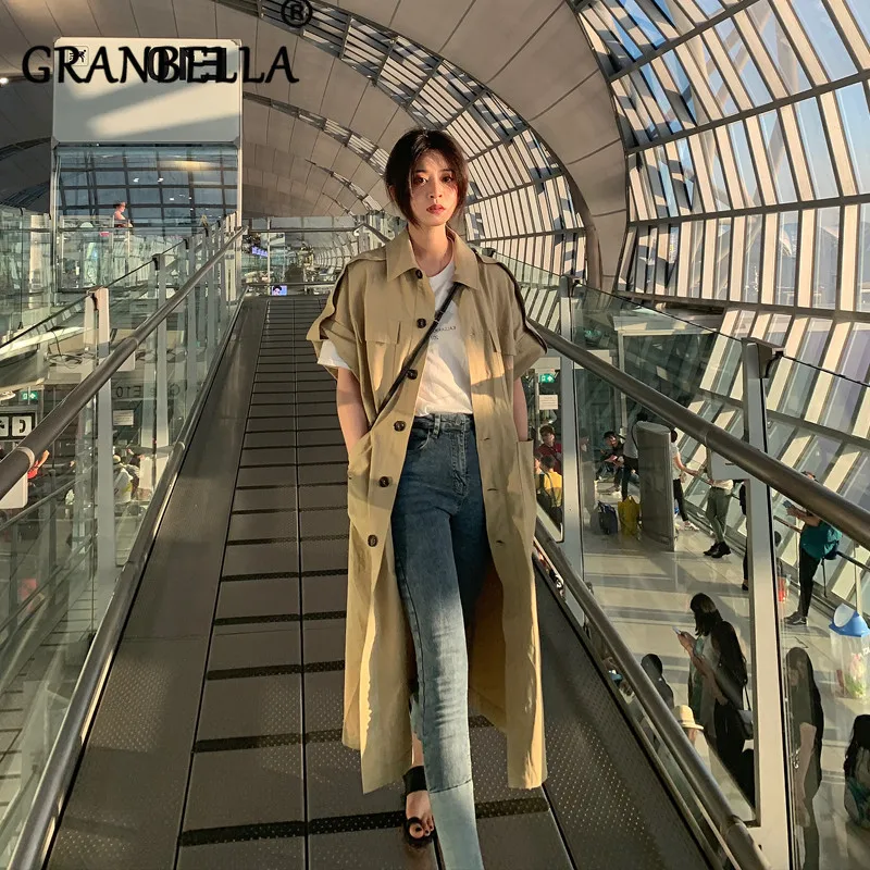 

2019 Newest Short-sleeved Trench Coat Casual Spring Autumn Coats With Pockets Single Breasted Solid Color