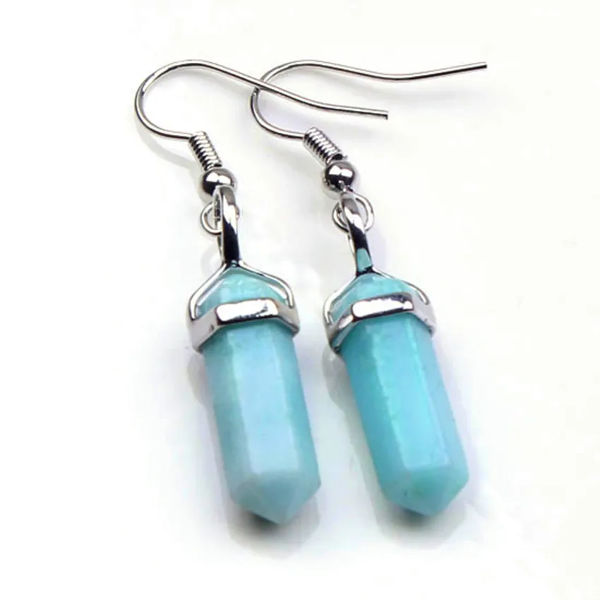

Kraft-beads Silver Plated Aquamarines Crystal Small Hexagon Column Drop Earrings for Party Gift