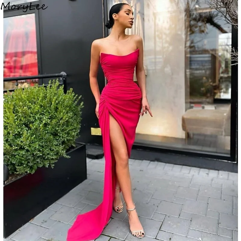

Prom Dresses 2021 Newest Sleeveless Side Slit Spandex Satin Mermaid Prom Dresses With Zipper Back vestidos de fiesta de noche