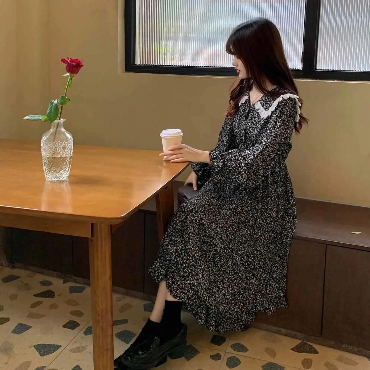 Long Sleeve Dress Women Floral Girls Vintage College Vacation Mid-calf Vestido All-match Soft Popular Newest Stylish Lace Ins wedding guest dresses