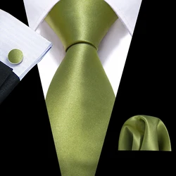 New Olive Green Solid Mens Wedding Tie 8.5cm Silk Neckties Business Handkerchief Cufflink Tie Set Gift Set Barry.Wang FA-5390