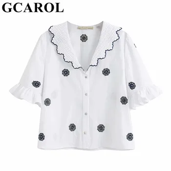 

GCAROL New Spring Summer Women Embroidered Floral Shirt Ruffles Collar Short Length Age Reducing Blouse Multi Occasion Top