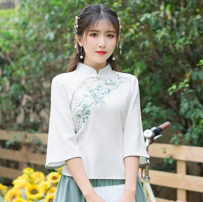 Chinese Traditional Blouse Summer Women Shirt Embroidered Tops White Vintage Young Ethnic