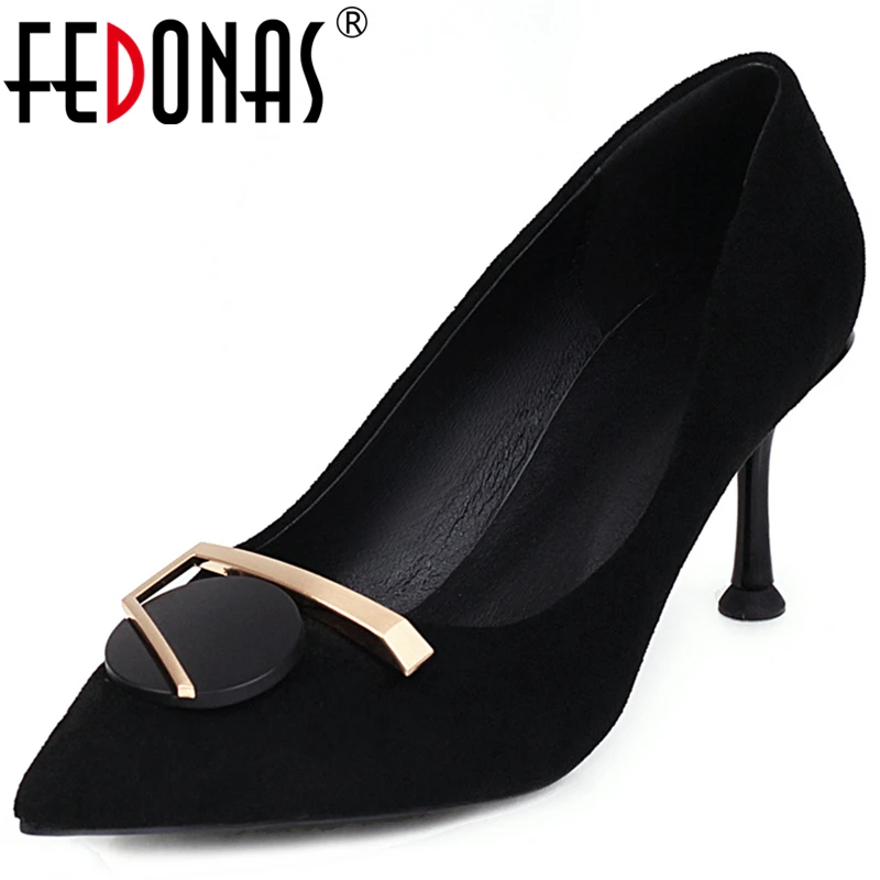 

FEDONAS New Euro Style Fashion Elegant Women Pointed Toe Thin Heel Shallow Pumps Wedding Party Prom Metal Decoration Shoes Woman