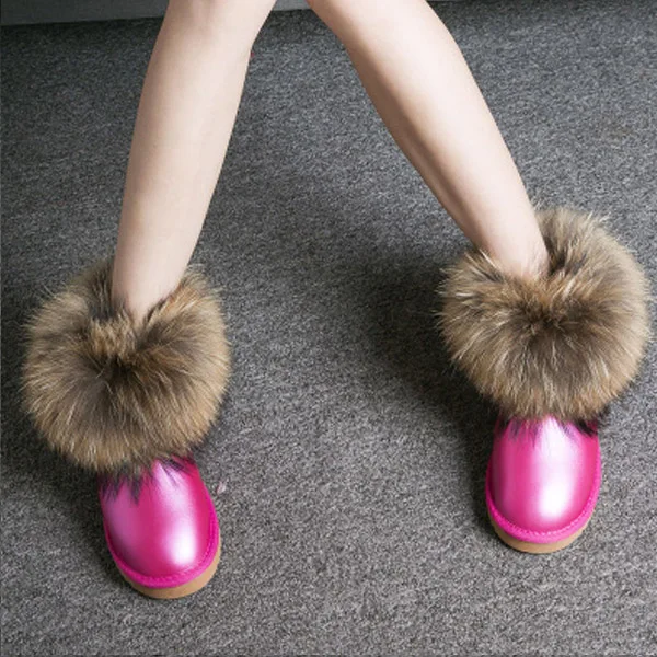 Женские ботинки из натуральной кожи с натуральным лисьим мехом; брендовая зимняя обувь; теплые черные повседневные женские зимние сапоги с круглым носком размера плюс; Новое поступление - Цвет: Bright Pink Shoes