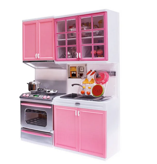 Simulation Pink Kitchen Cabinets Set High-grade Children Pretend Play Cooking Pans Pots Food Tools Girls Tableware Suits Toys
