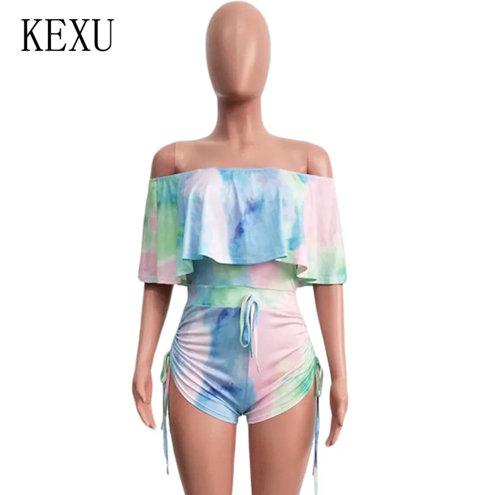 KEXU летние сексуальные выдалбливают камуфляж печатных шорты с рюшами ремни шнурок брюки для женщин Элегантный без рукавов ретро комбинезоны